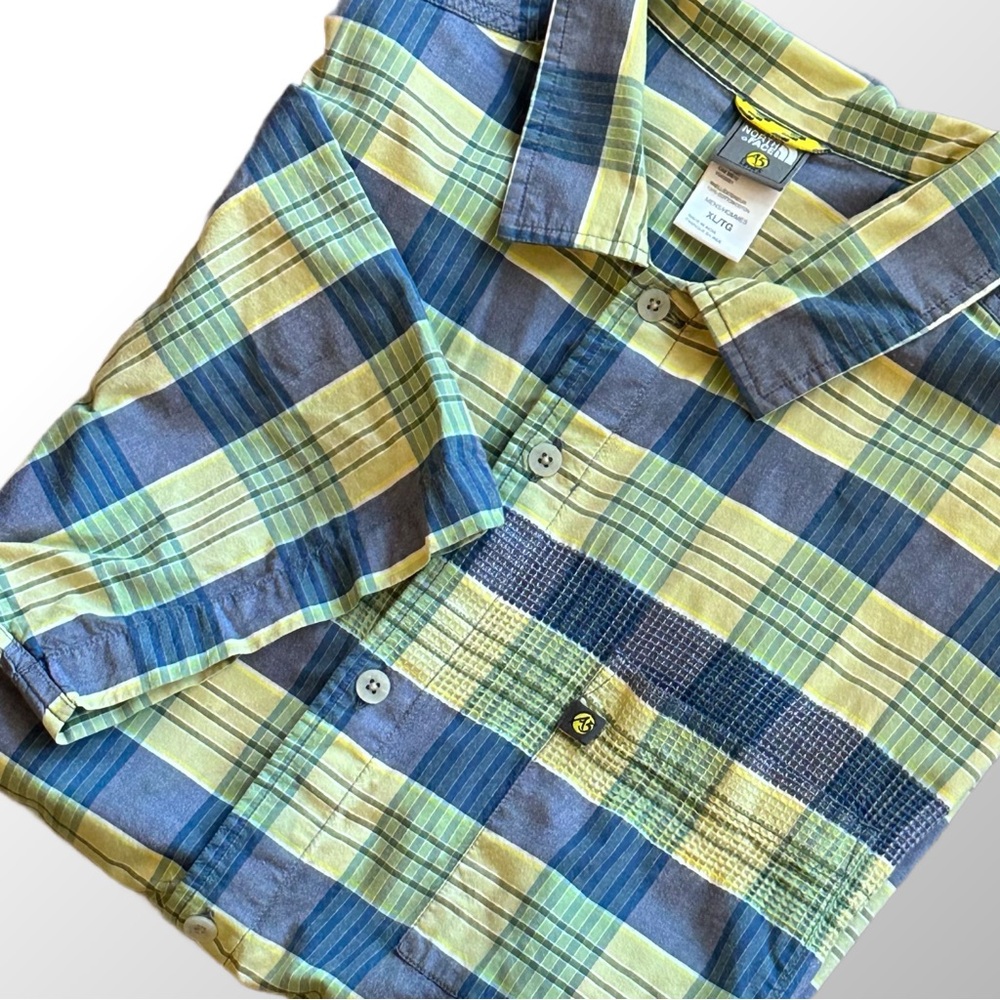 The North Face Shirt Men’s XL‎ Blue Yellow Plaid Short Sleeve Button Down